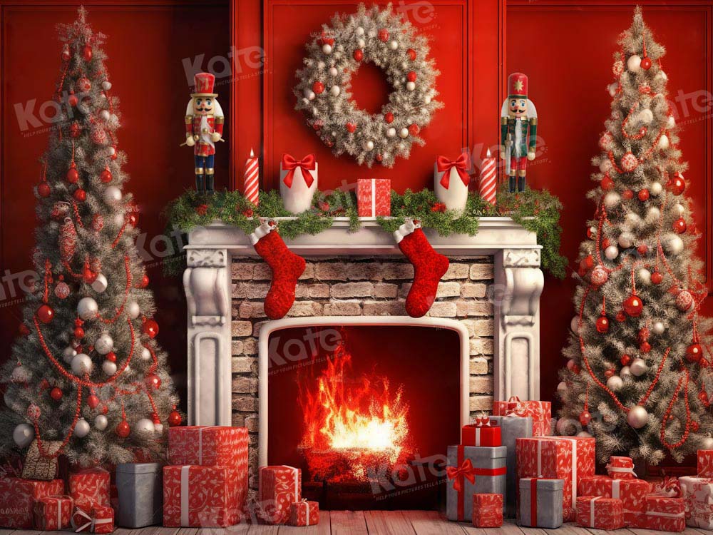 Kate Christmas Red Fireplace Tree Backdrop Designed by Chain Photography - Image 6