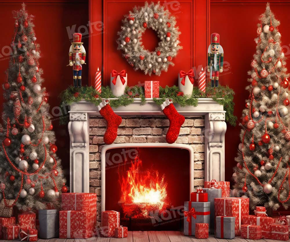 Kate Christmas Red Fireplace Tree Backdrop Designed by Chain Photography - Image 7