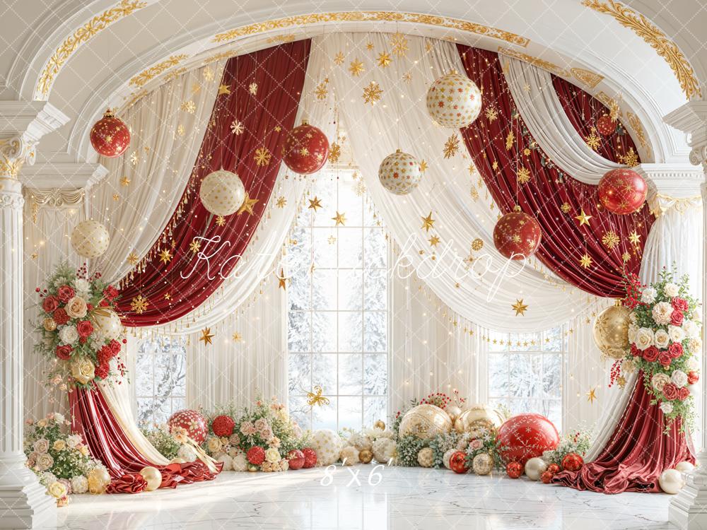 Kate Christmas Red Gold Ornaments Floral Arch Backdrop Designed by Emetselch - Image 3