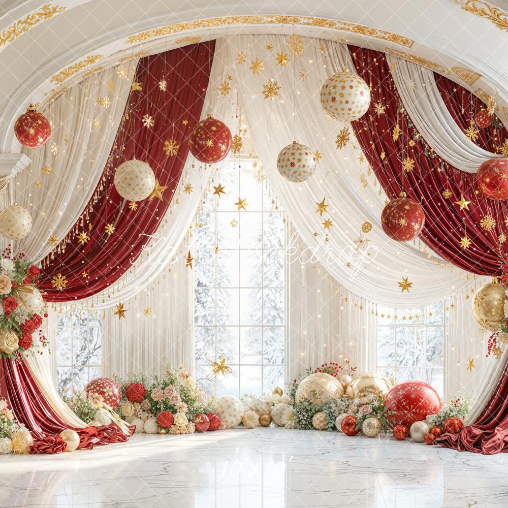 Kate Christmas Red Gold Ornaments Floral Arch Backdrop Designed by Emetselch - Image 7