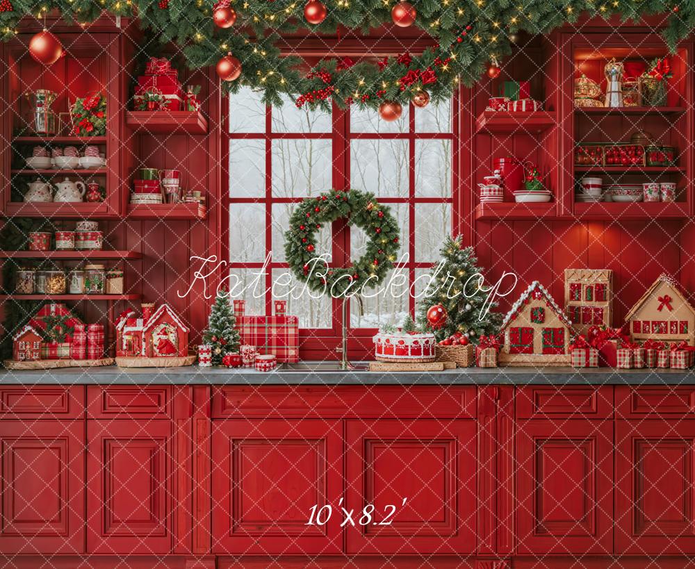 Kate Christmas Red Kitchen Garland Fleece Backdrop Designed by Emetselch - Image 3