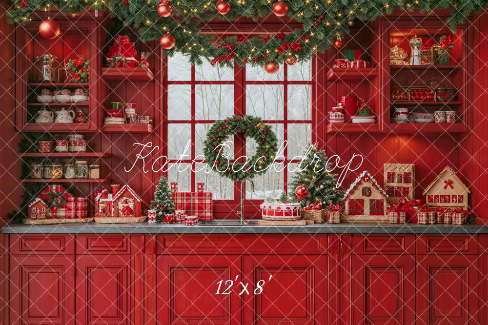 Kate Christmas Red Kitchen Garland Fleece Backdrop Designed by Emetselch - Image 4