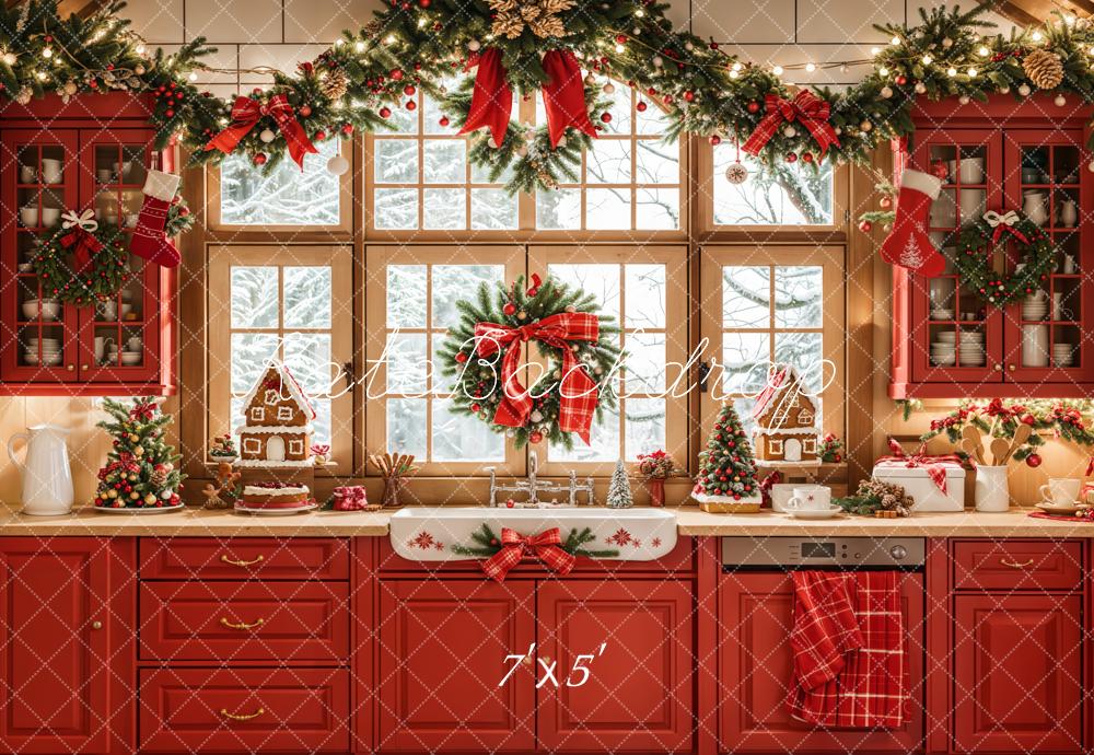 Kate Christmas Kitchen Red Retro Cabinets Window Backdrop Designed by Emetselch - Image 2