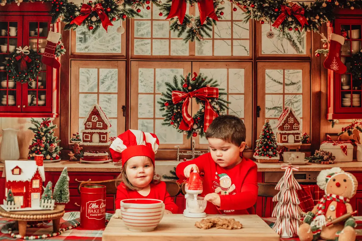 Kate Christmas Kitchen Red Retro Cabinets Window Backdrop Designed by Emetselch - Image 3