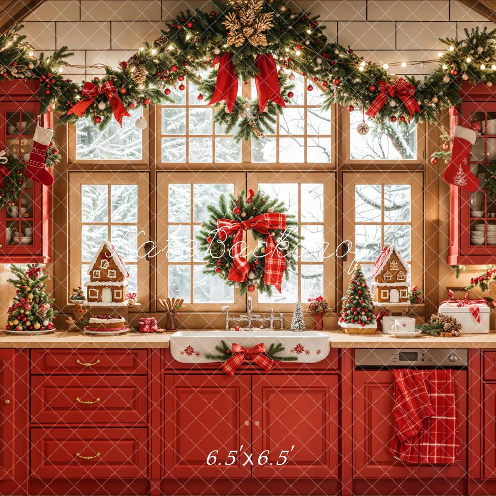Kate Christmas Kitchen Red Retro Cabinets Window Backdrop Designed by Emetselch - Image 4