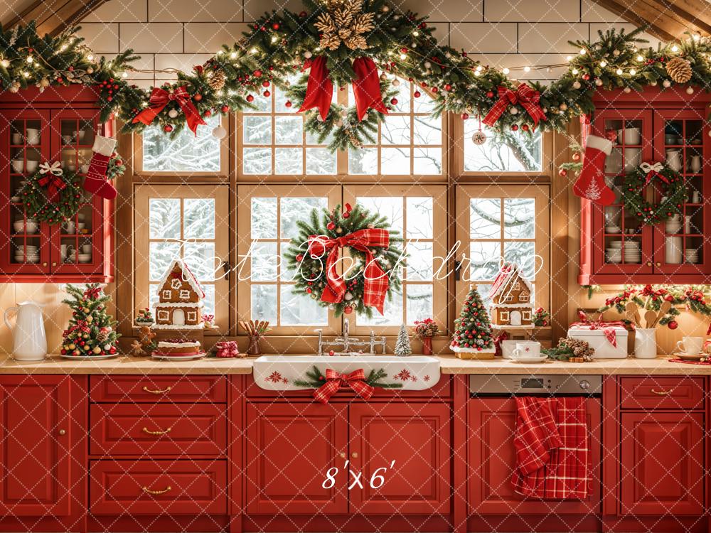 Kate Christmas Kitchen Red Retro Cabinets Window Backdrop Designed by Emetselch - Image 5