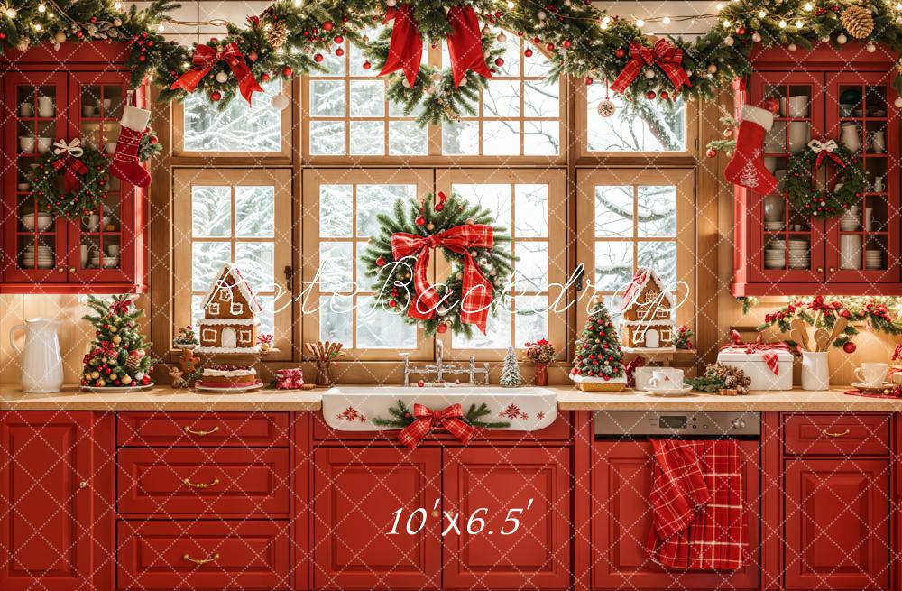 Kate Christmas Kitchen Red Retro Cabinets Window Backdrop Designed by Emetselch - Image 6