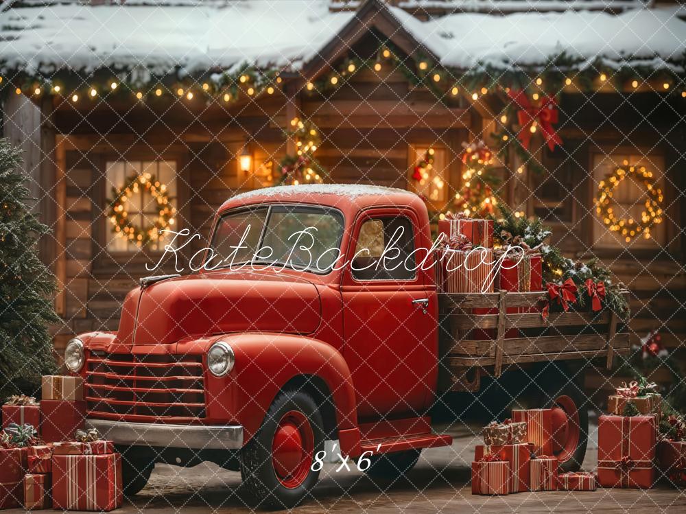 Kate Christmas Red Truck Cabin Fleece Backdrop Designed by Emetselch