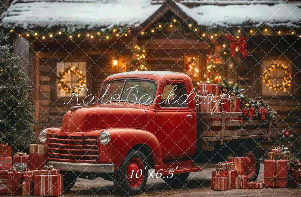 Kate Christmas Red Truck Cabin Fleece Backdrop Designed by Emetselch - Image 2
