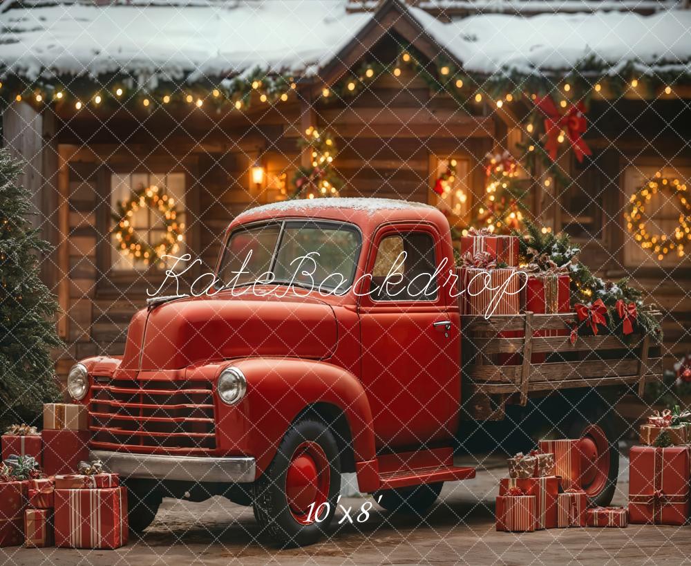 Kate Christmas Red Truck Cabin Fleece Backdrop Designed by Emetselch - Image 3