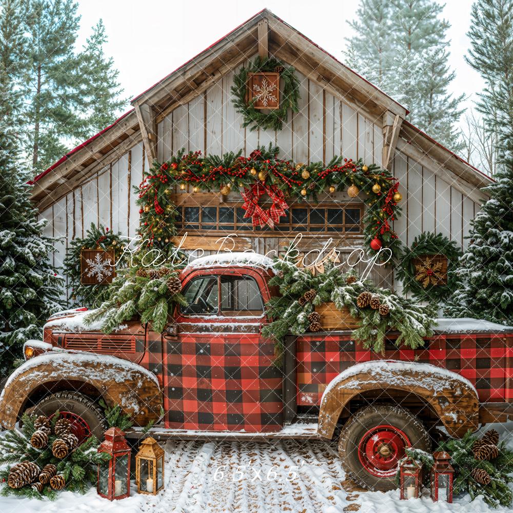 Kate Christmas Red Truck Cabin Snow Backdrop Designed by Emetselch - Image 2