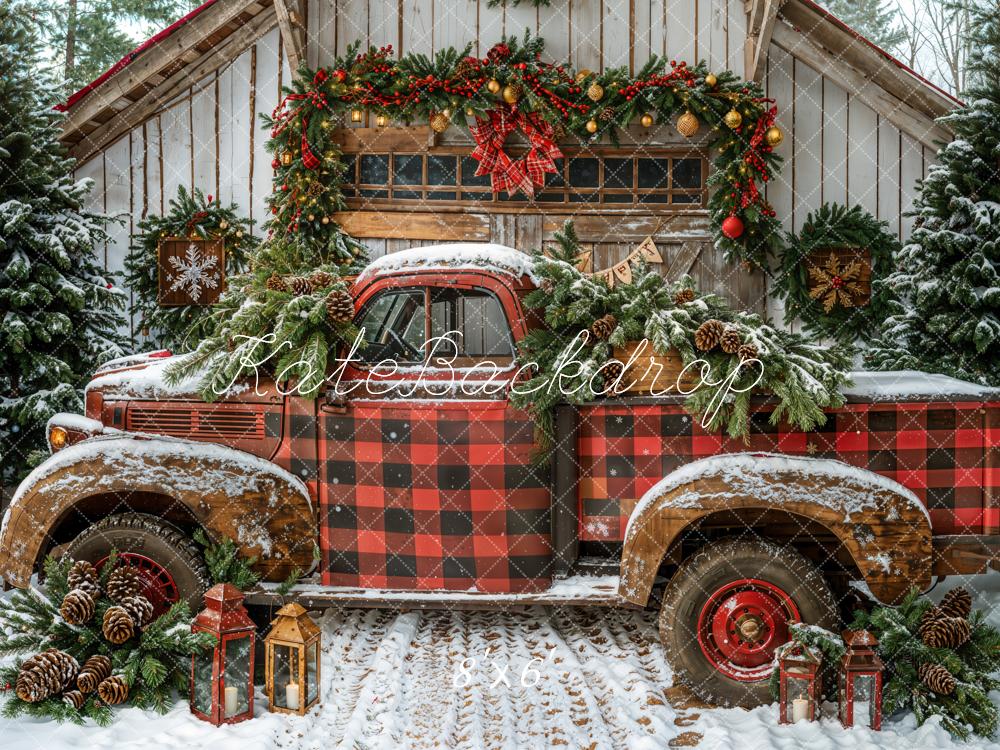 Kate Christmas Red Truck Cabin Snow Backdrop Designed by Emetselch - Image 3