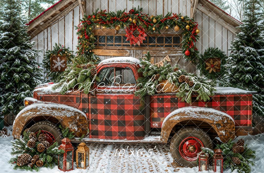 Kate Christmas Red Truck Cabin Snow Backdrop Designed by Emetselch - Image 4