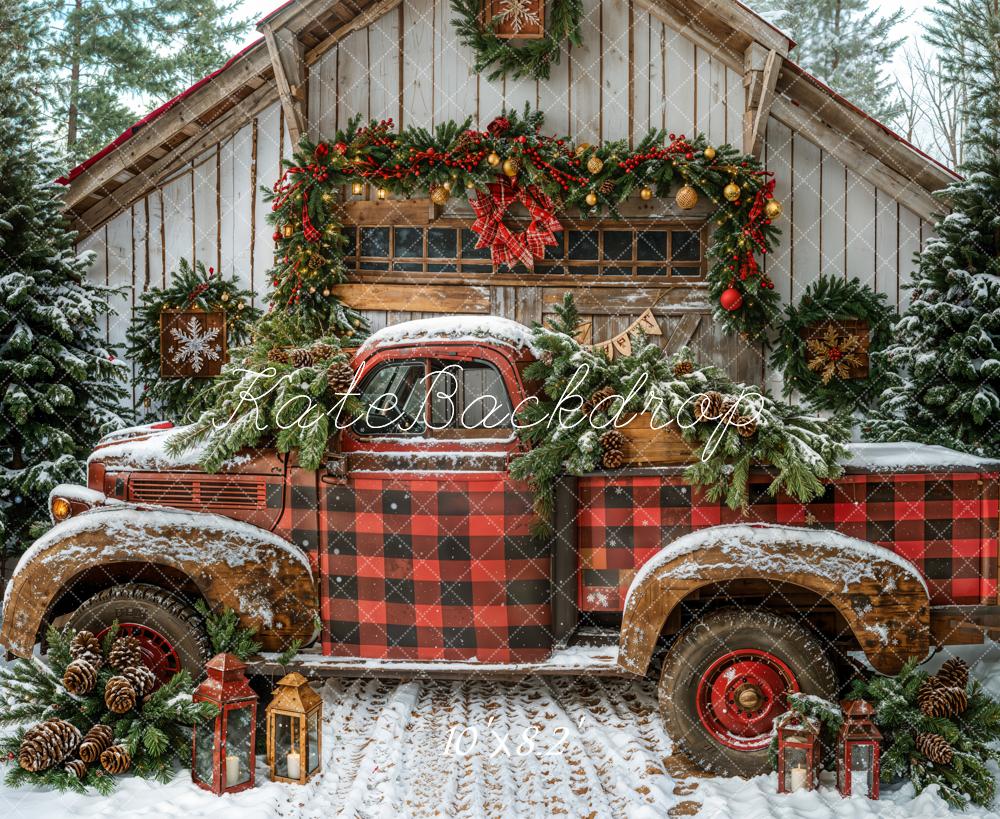 Kate Christmas Red Truck Cabin Snow Backdrop Designed by Emetselch - Image 5