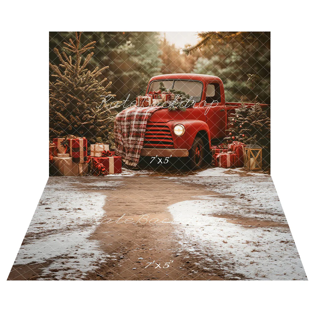 Kate Christmas Red Truck Forest Backdrop+Winter Snowy Path Floor Backdrop - Image 2
