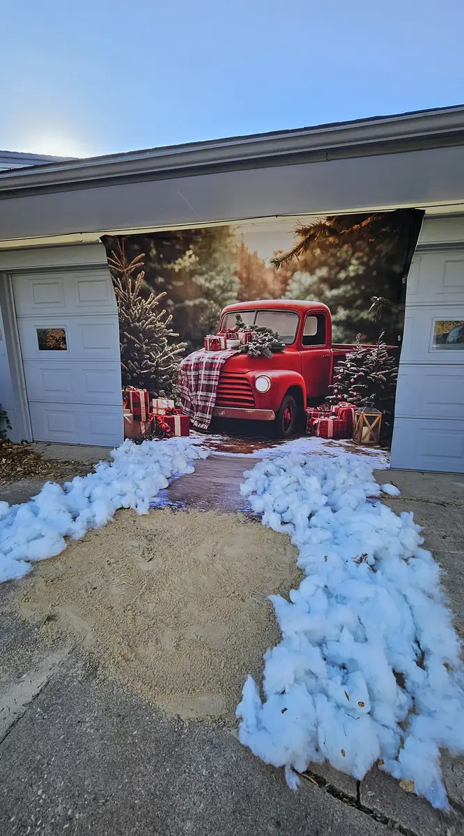 Kate Christmas Red Truck Forest Backdrop+Winter Snowy Path Floor Backdrop - Image 3