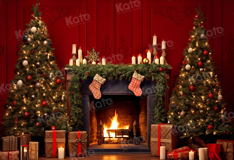 Kate Christmas Red Wall Fireplace Backdrop for Photography - Image 2