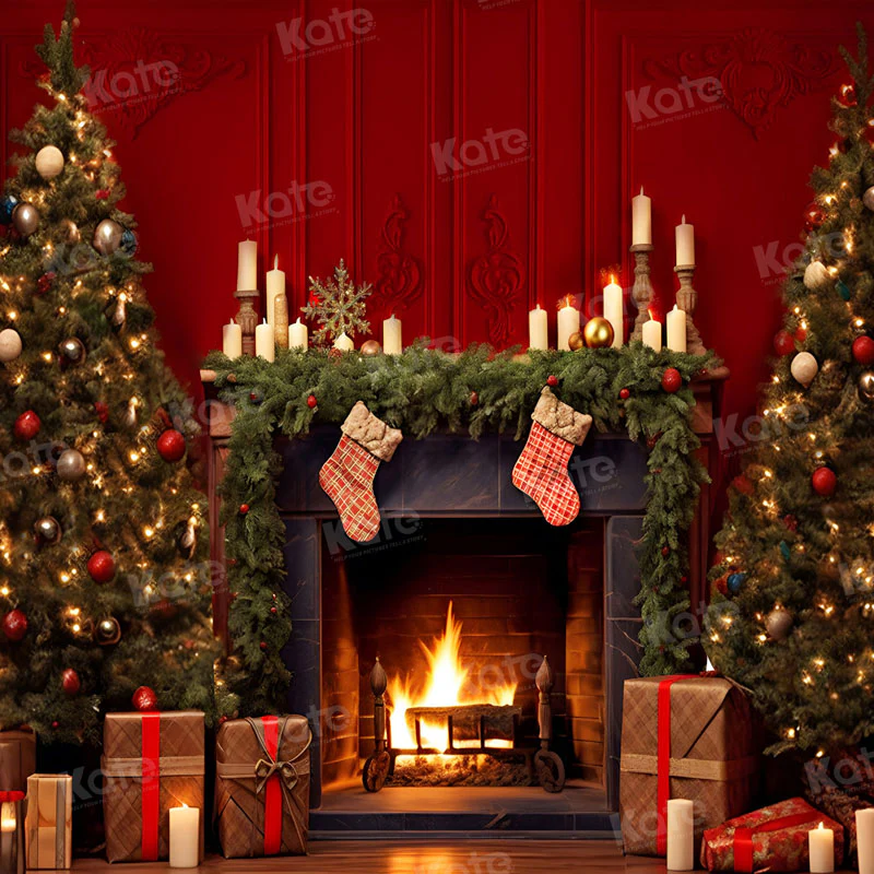 Kate Christmas Red Wall Fireplace Backdrop for Photography - Image 4