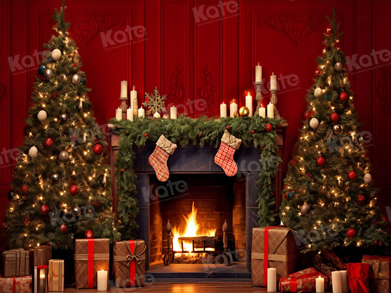 Kate Christmas Red Wall Fireplace Backdrop for Photography - Image 5