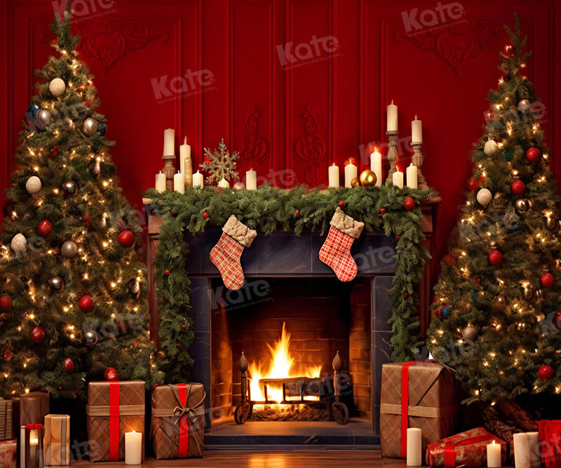 Kate Christmas Red Wall Fireplace Backdrop for Photography - Image 6