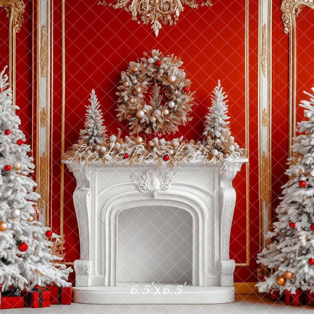 Kate Christmas Red Wall White Fireplace Trees Backdrop Designed by Patty Robert - Image 2