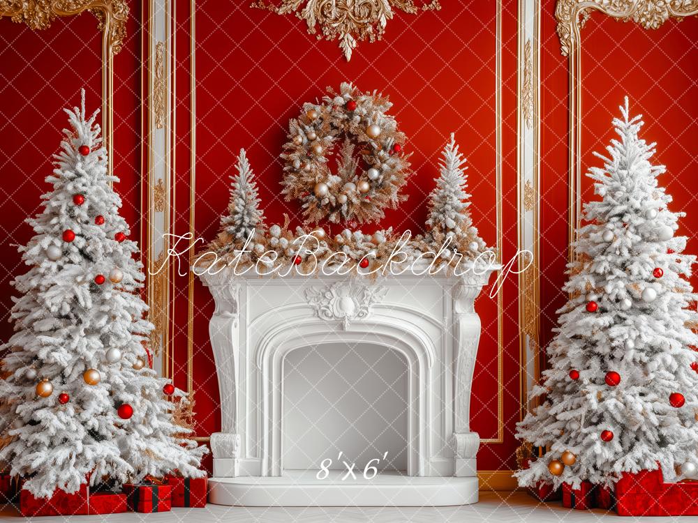 Kate Christmas Red Wall White Fireplace Trees Backdrop Designed by Patty Robert - Image 3