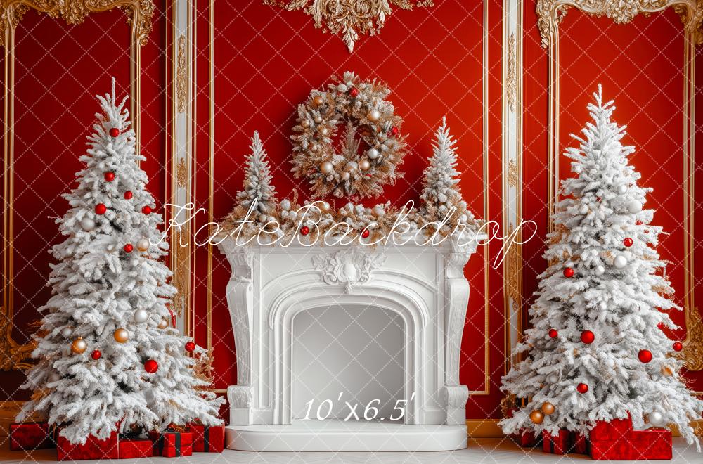 Kate Christmas Red Wall White Fireplace Trees Backdrop Designed by Patty Robert - Image 4