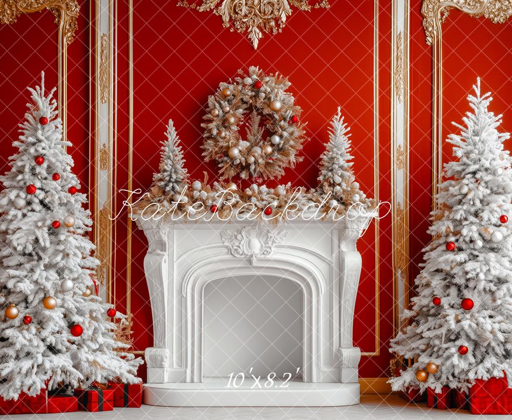 Kate Christmas Red Wall White Fireplace Trees Backdrop Designed by Patty Robert - Image 6
