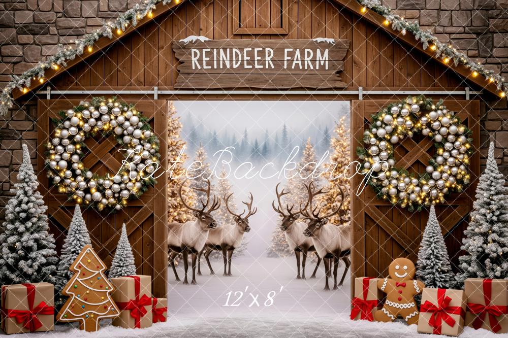Kate Christmas Reindeer Farm Gingerbread Trees Fleece Backdrop Designed by Patty Robert - Image 4