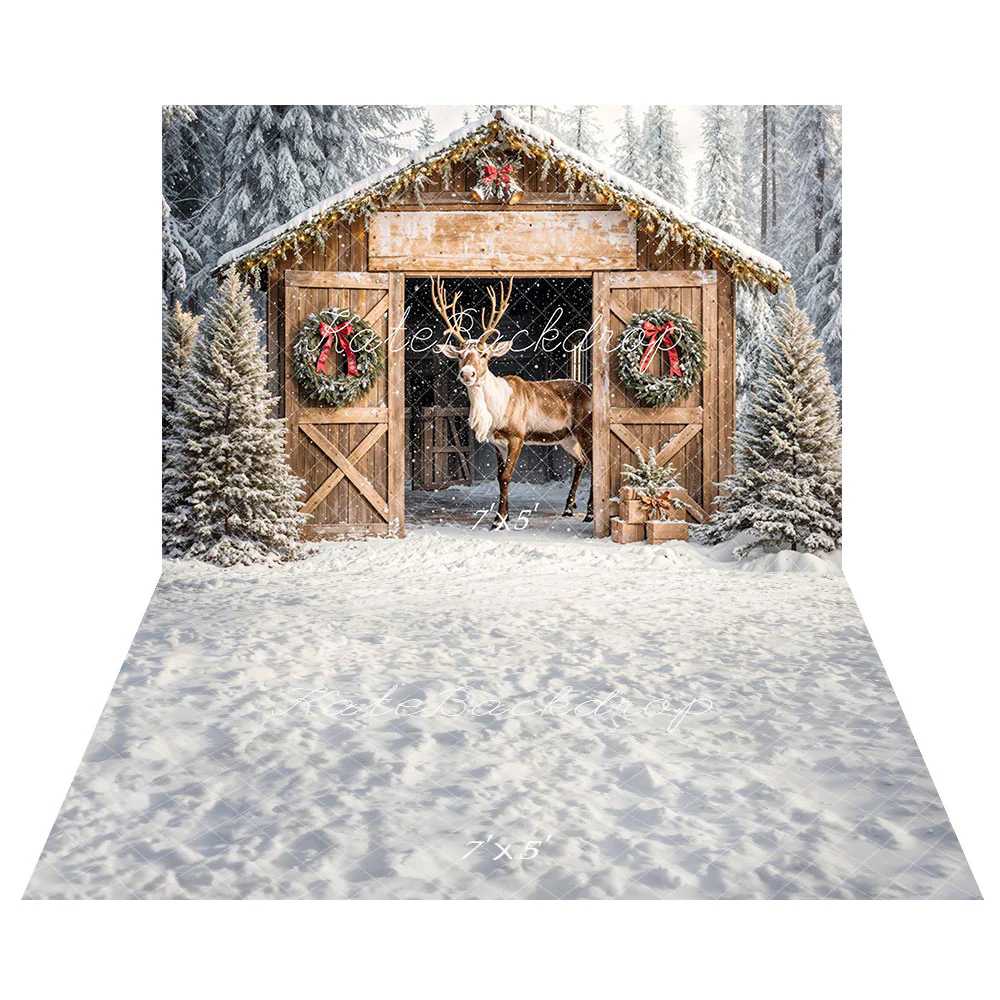 Kate Christmas Reindeer Wooden Cabin Backdrop+Winter Snow Texture Floor Backdrop - Image 2