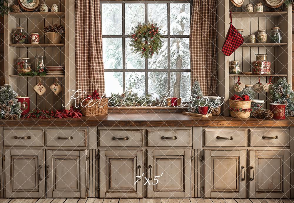 Kate Retro Brown Christmas Kitchen Backdrop Designed by Emetselch - Image 2