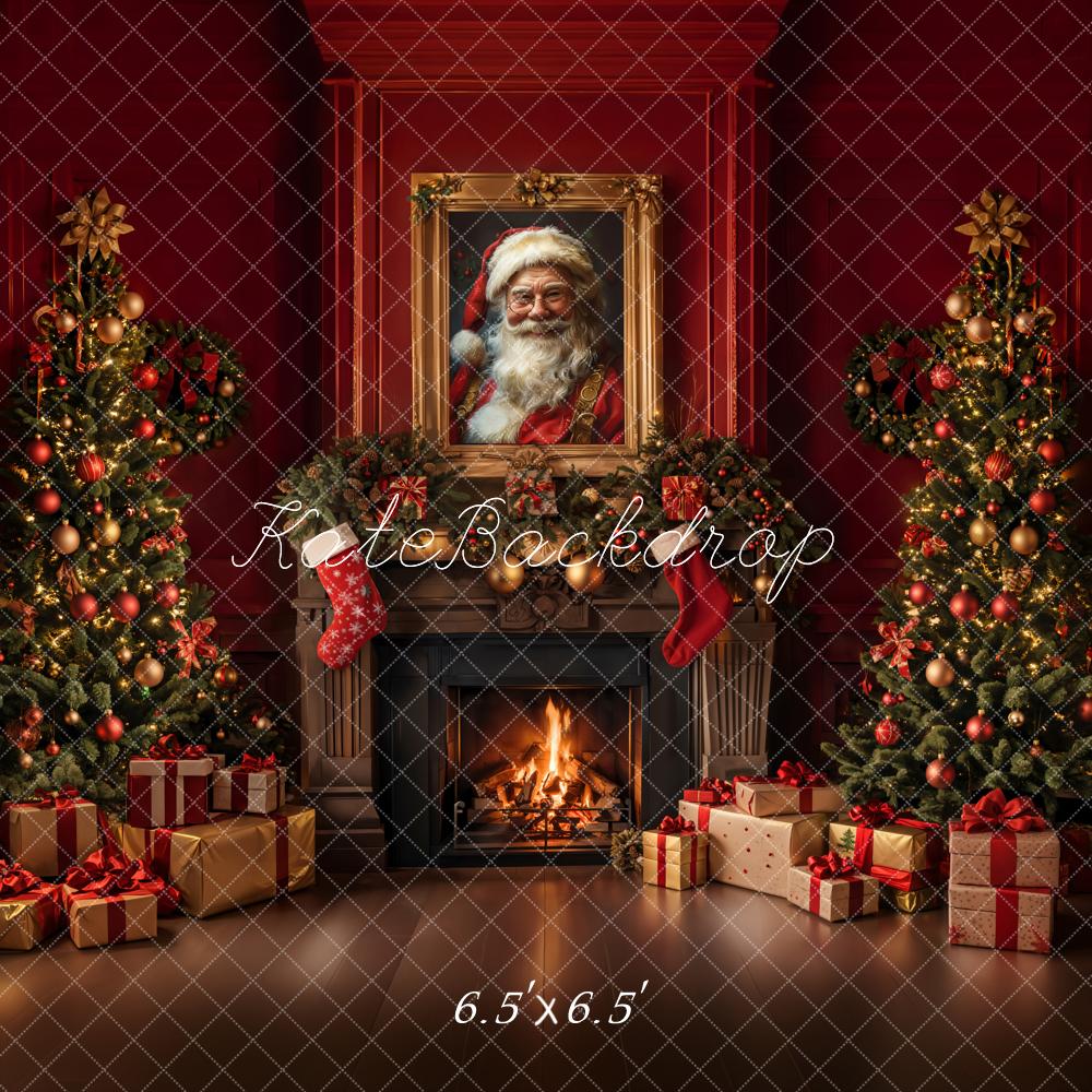 Kate Christmas Retro Fireplace Red Wall Backdrop Designed by Emetselch - Image 2