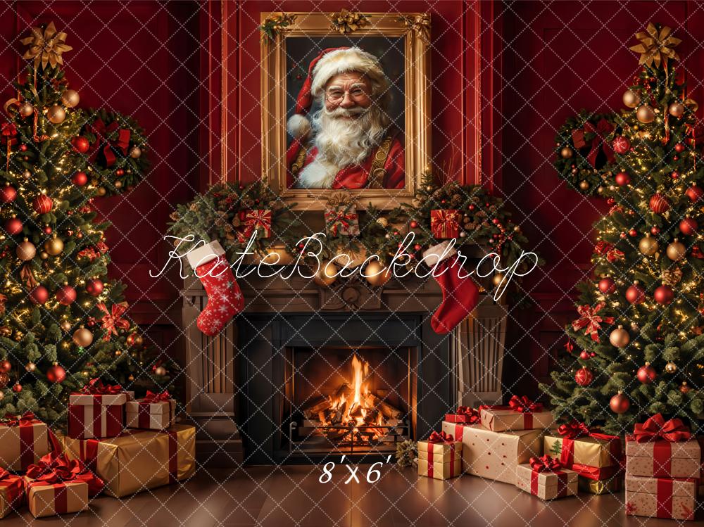 Kate Christmas Retro Fireplace Red Wall Backdrop Designed by Emetselch - Image 3
