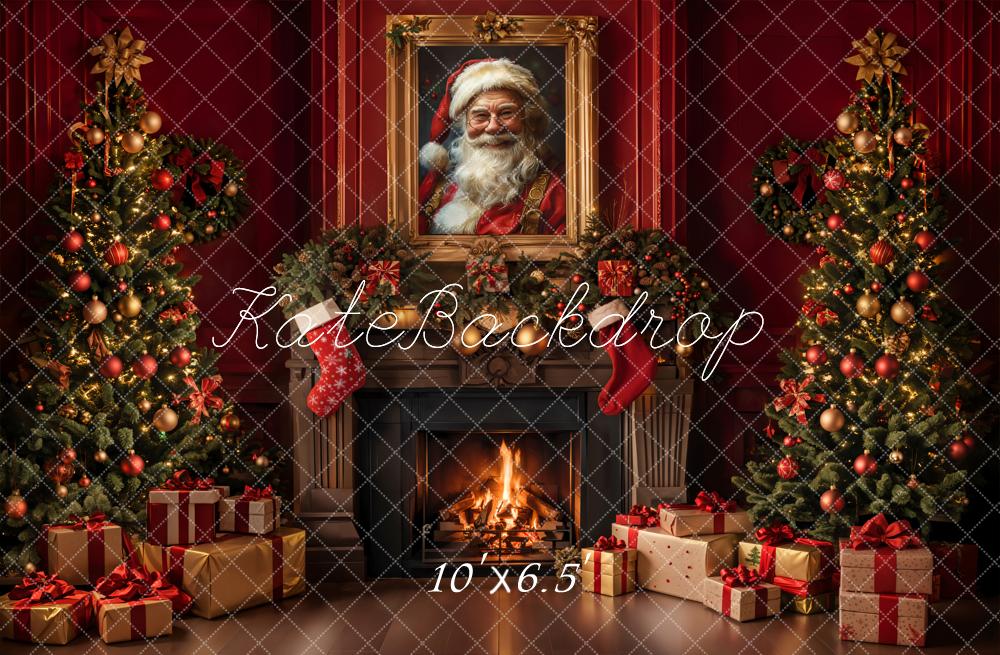 Kate Christmas Retro Fireplace Red Wall Backdrop Designed by Emetselch - Image 4
