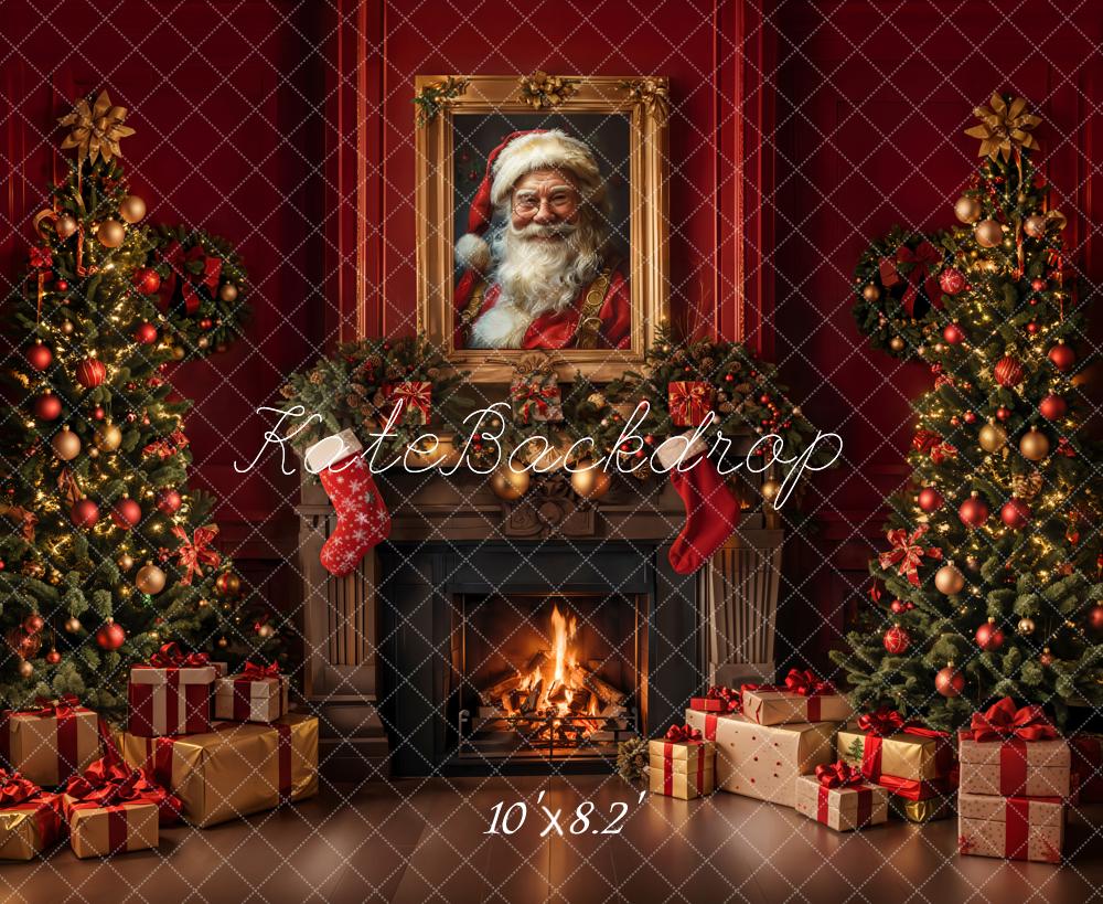 Kate Christmas Retro Fireplace Red Wall Backdrop Designed by Emetselch - Image 5
