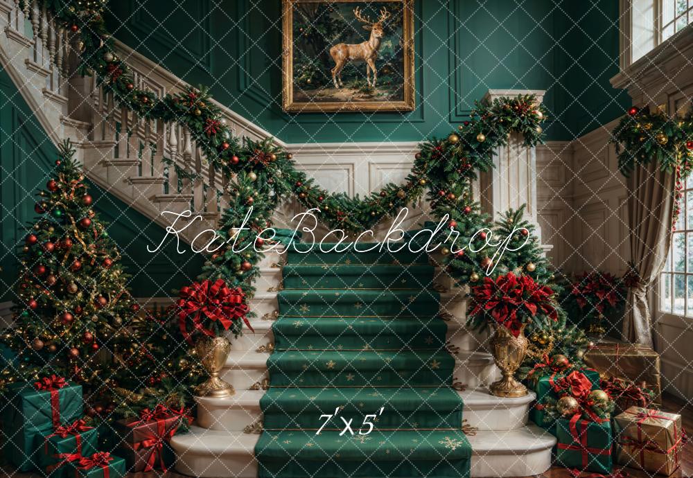 Kate Christmas Retro Green Staircase Backdrop Designed by Chain Photography - Image 2