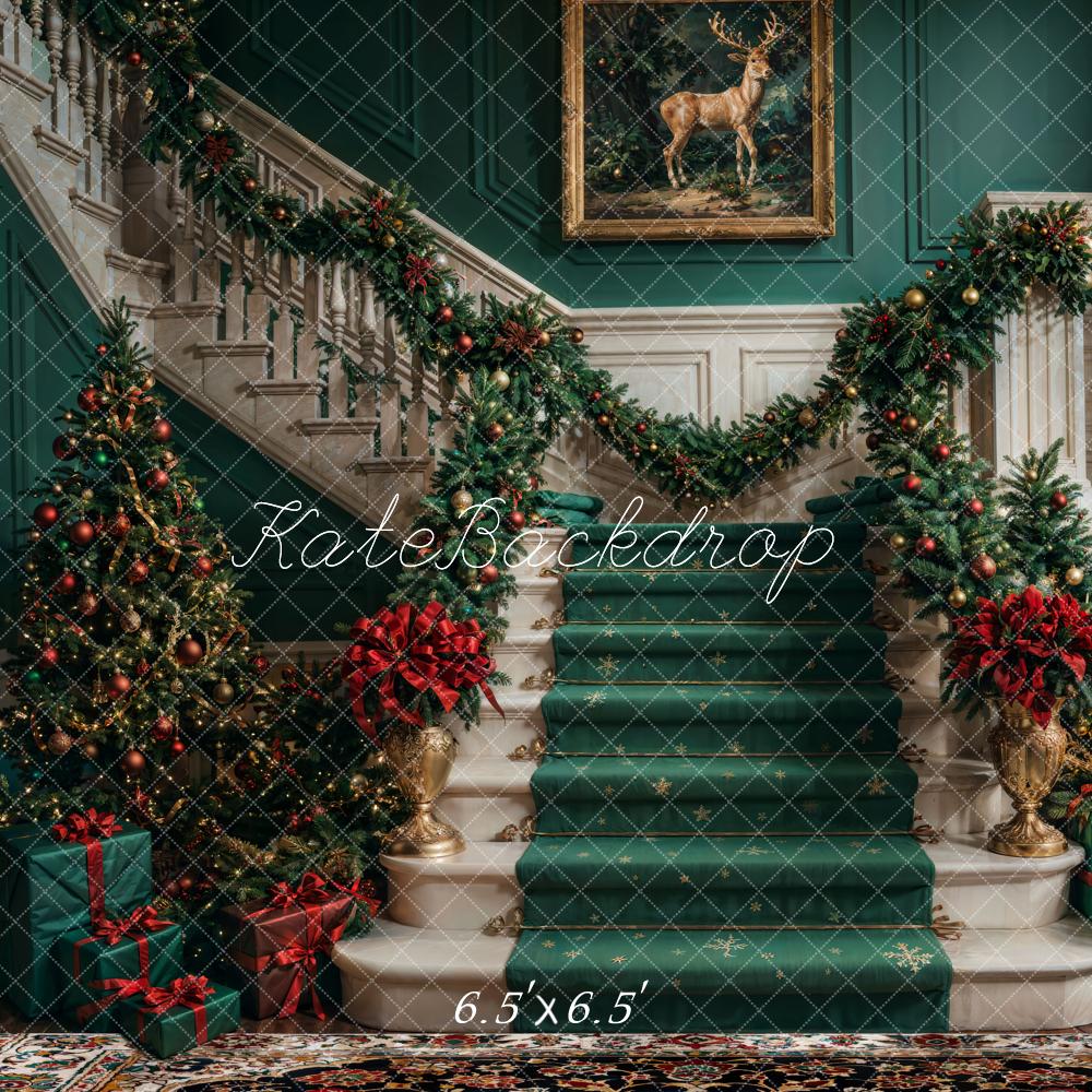 Kate Christmas Retro Green Staircase Backdrop Designed by Chain Photography - Image 6