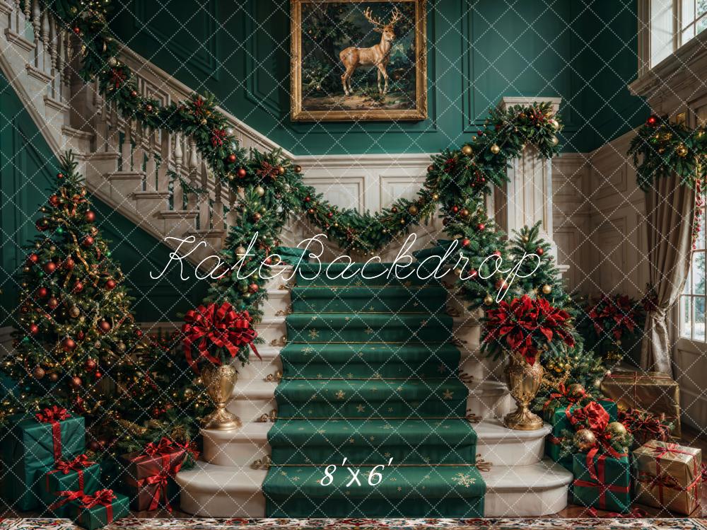 Kate Christmas Retro Green Staircase Backdrop Designed by Chain Photography - Image 7
