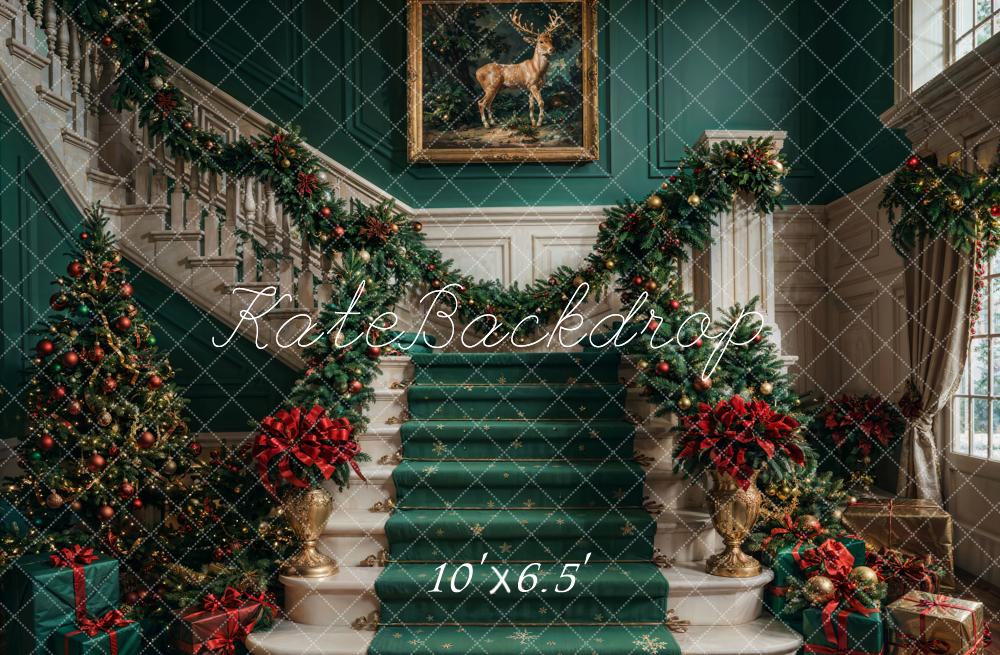 Kate Christmas Retro Green Staircase Backdrop Designed by Chain Photography - Image 8