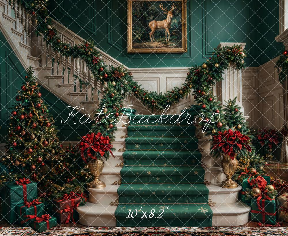 Kate Christmas Retro Green Staircase Backdrop Designed by Chain Photography - Image 9