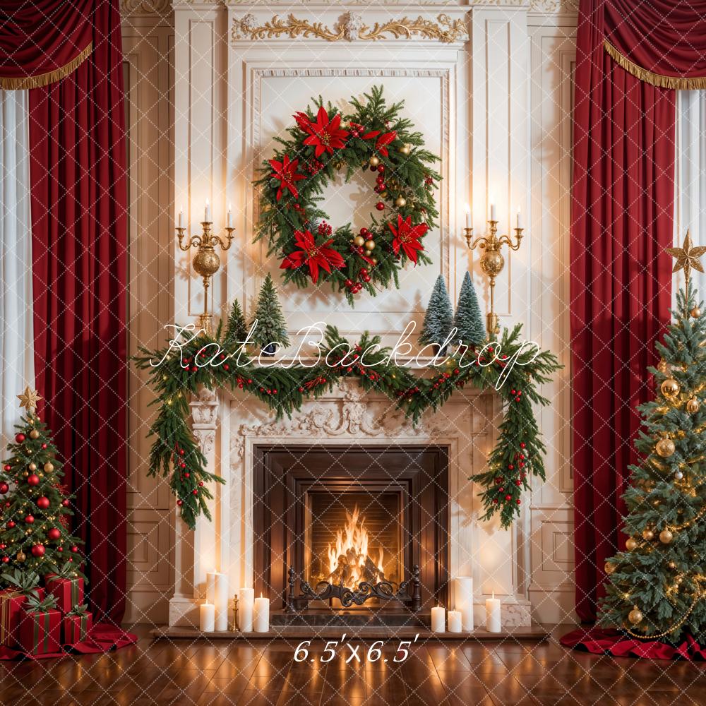 Kate Christmas Retro Red Curtain White Fireplace Backdrop Designed by Emetselch - Image 2
