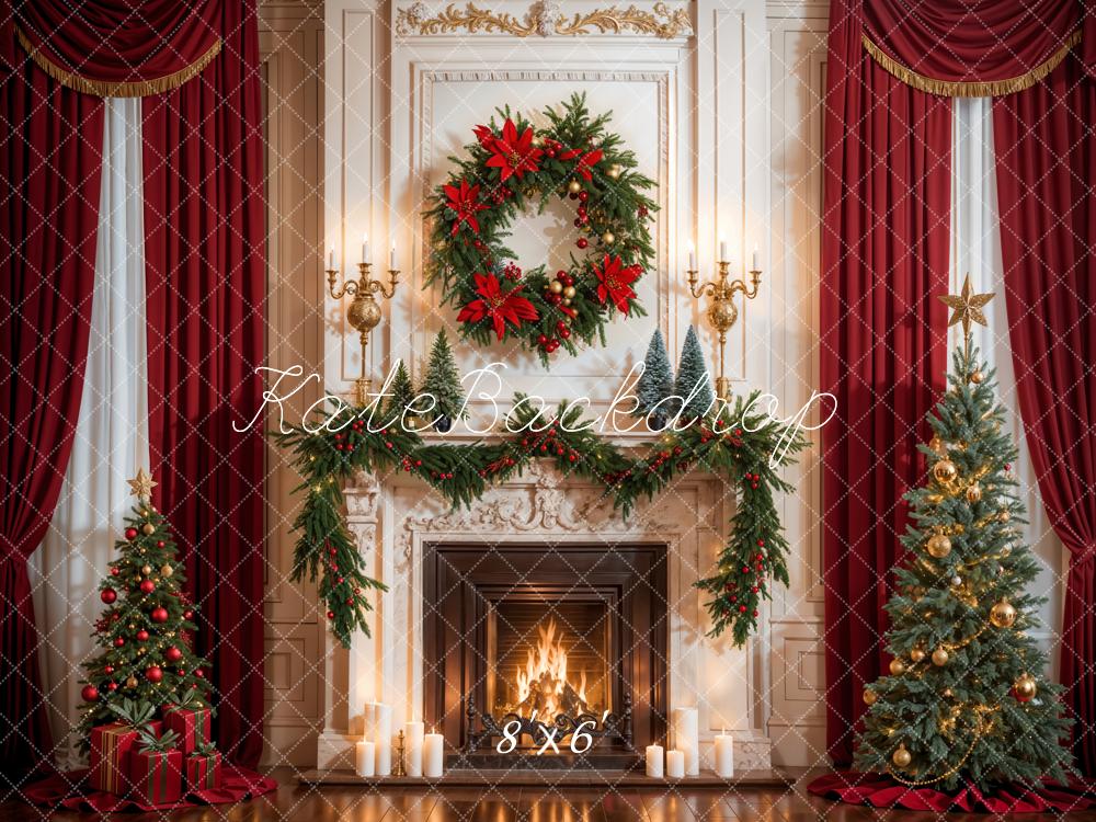 Kate Christmas Retro Red Curtain White Fireplace Backdrop Designed by Emetselch - Image 3
