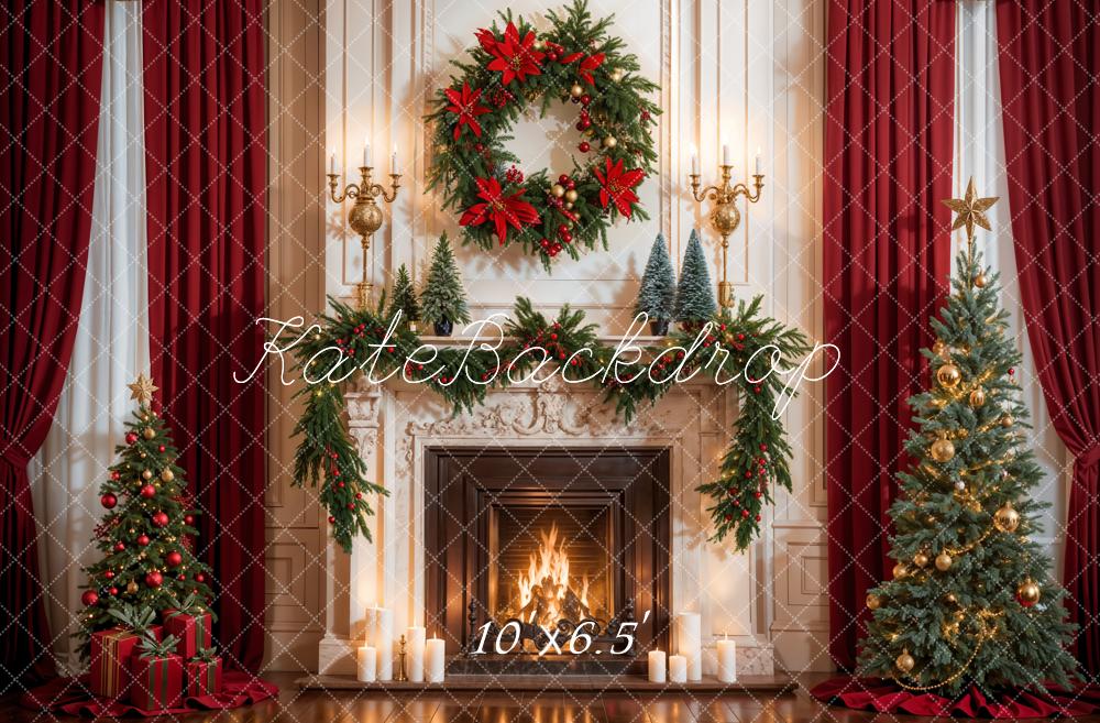 Kate Christmas Retro Red Curtain White Fireplace Backdrop Designed by Emetselch - Image 4