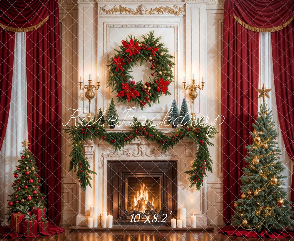Kate Christmas Retro Red Curtain White Fireplace Backdrop Designed by Emetselch - Image 5