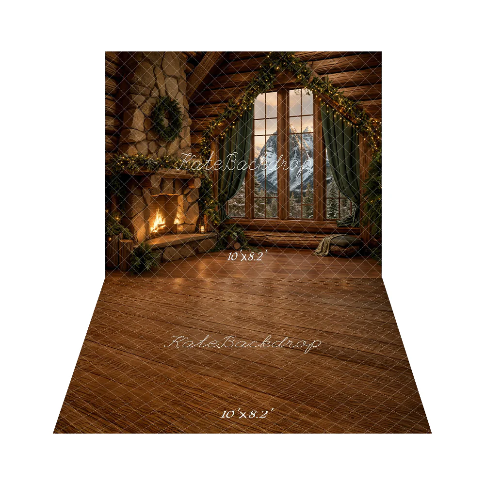 Kate Christmas Rustic Cabin Fireplace Window Backdrop+Brown Wood Floor Backdrop - Image 2