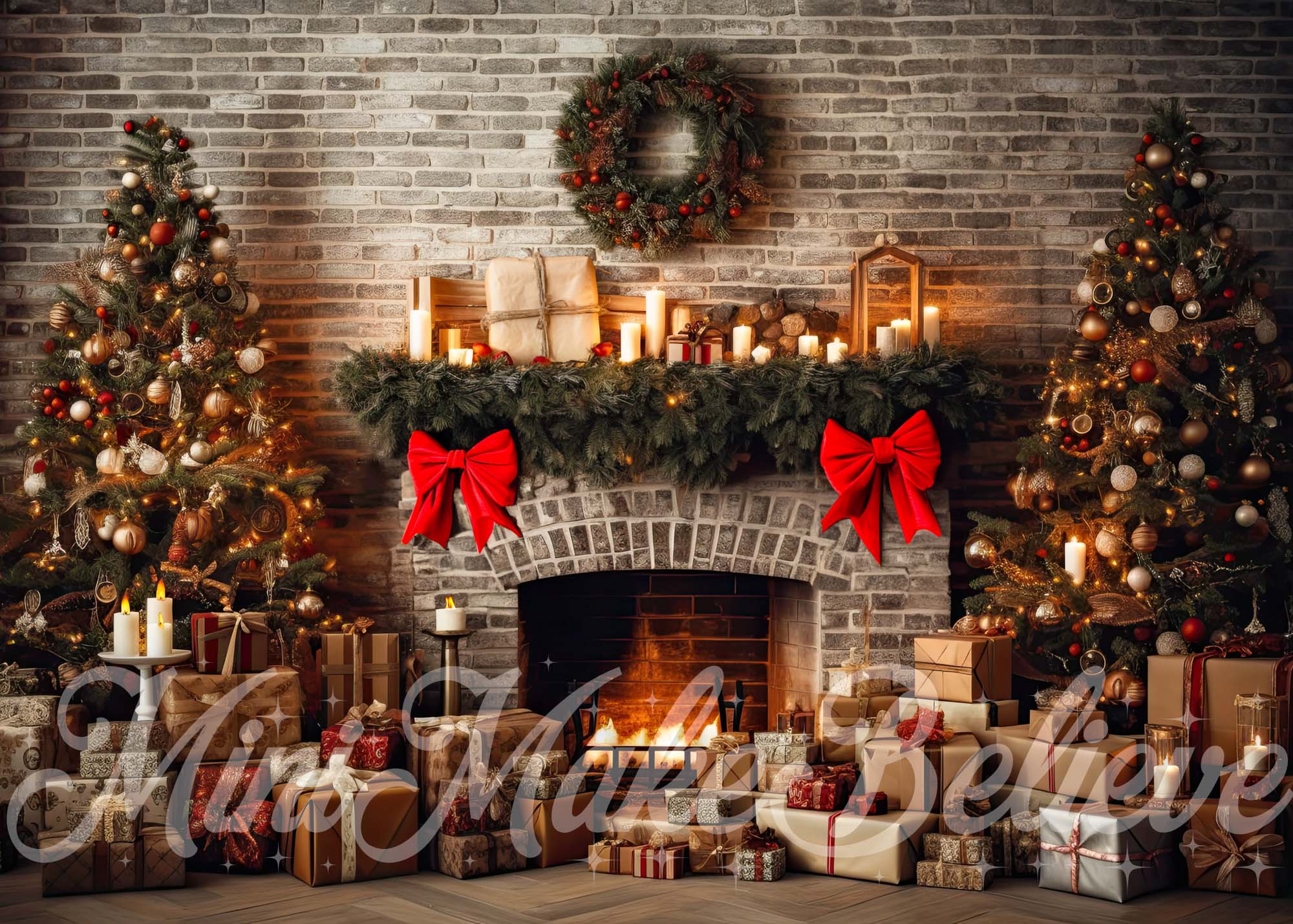 Kate Christmas Rustic Fireplace Trees Backdrop Designed by Mini MakeBelieve - Image 2