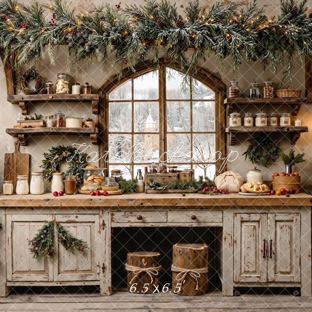Kate Christmas Kitchen Rustic Window Garland Backdrop Designed by Emetselch - Image 2