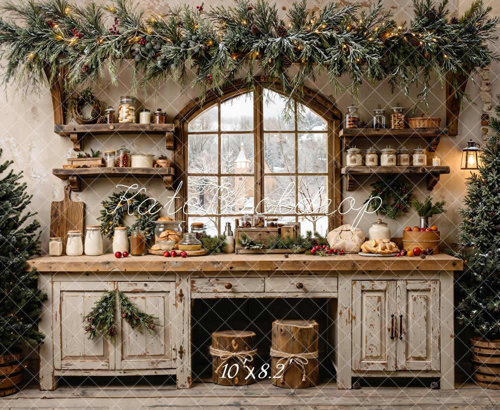 Kate Christmas Kitchen Rustic Window Garland Backdrop Designed by Emetselch - Image 6