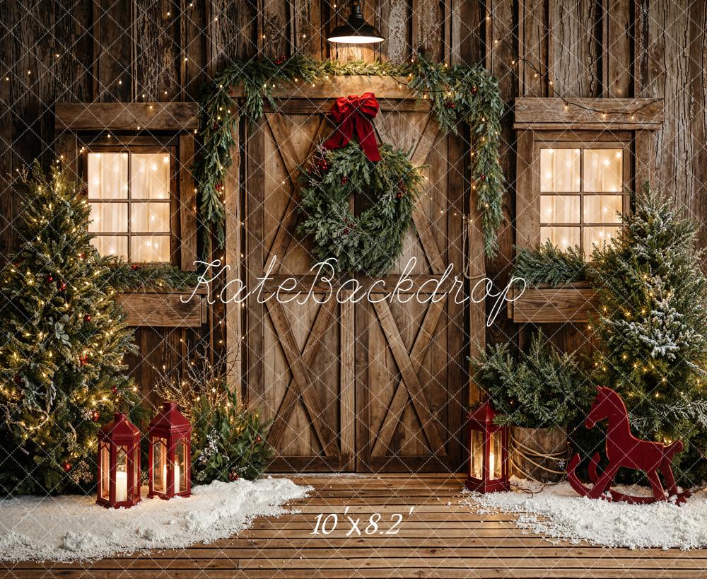 Kate Christmas Rustic Wooden Door Garland Fleece Backdrop Designed by Emetselch - Image 3