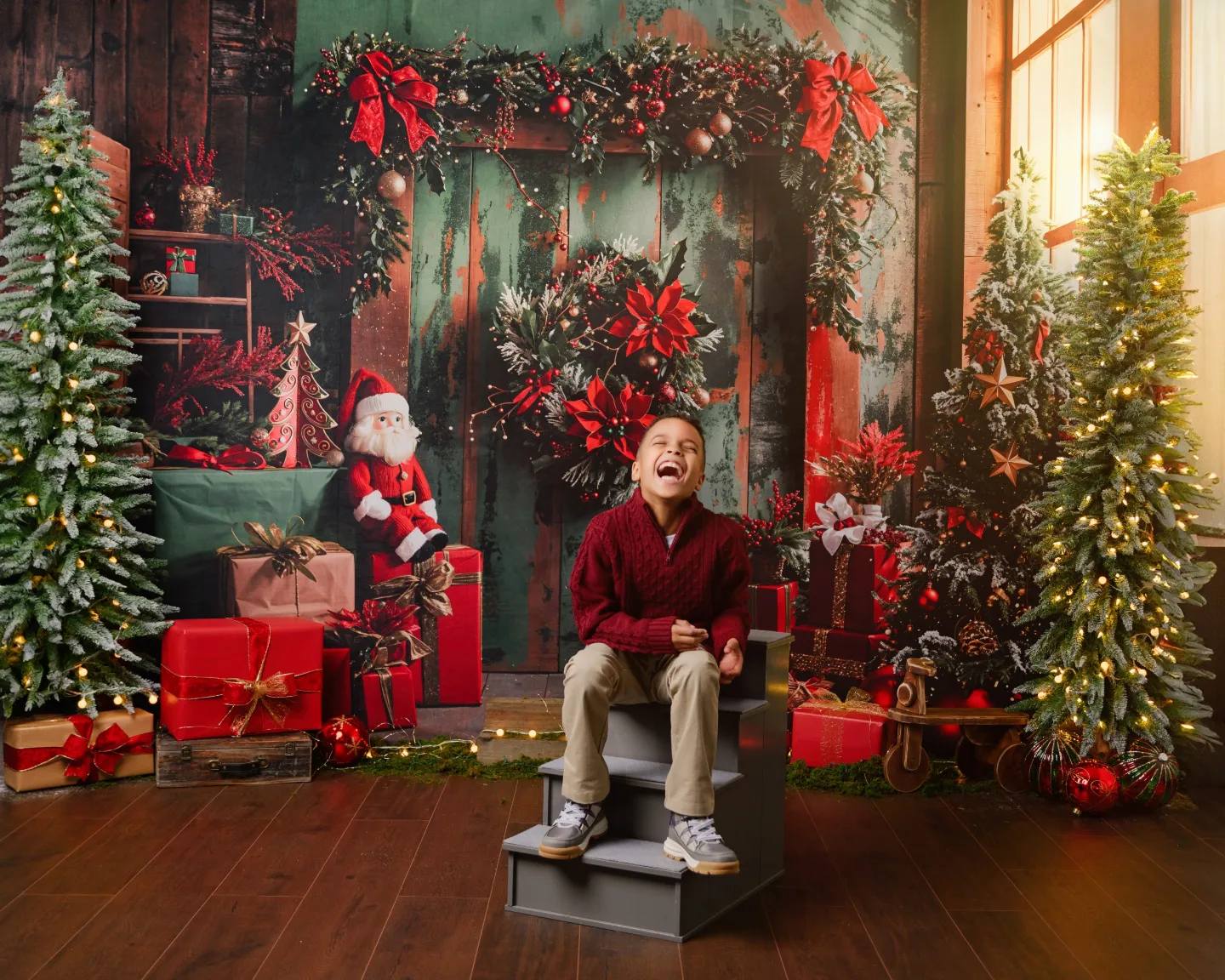 Kate Christmas Santa Dark Green Barn Door Backdrop Designed by Emetselch - Image 3